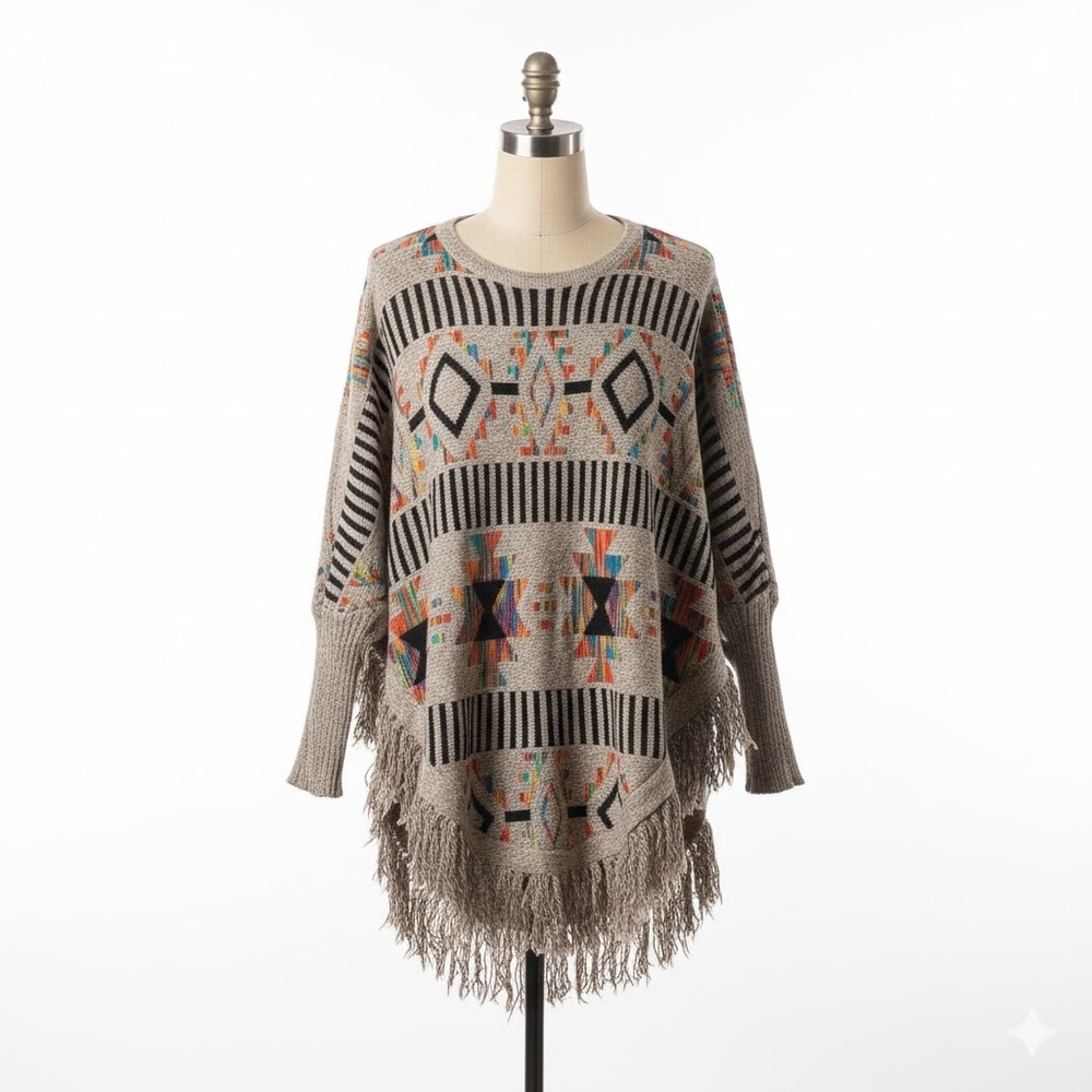 Fringed Geometric Navajo Pattern Sweater - Tan